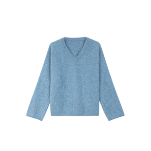 MANNALA丨“满庭霜”du家奢柔皮草感宽松拉绒山羊绒V领毛衣 Q4718