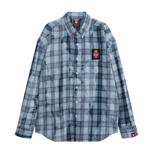 朱铁雄 X HEA国潮复古不规则仿扎染格纹长袖衬衫外套情侣休闲衬衣