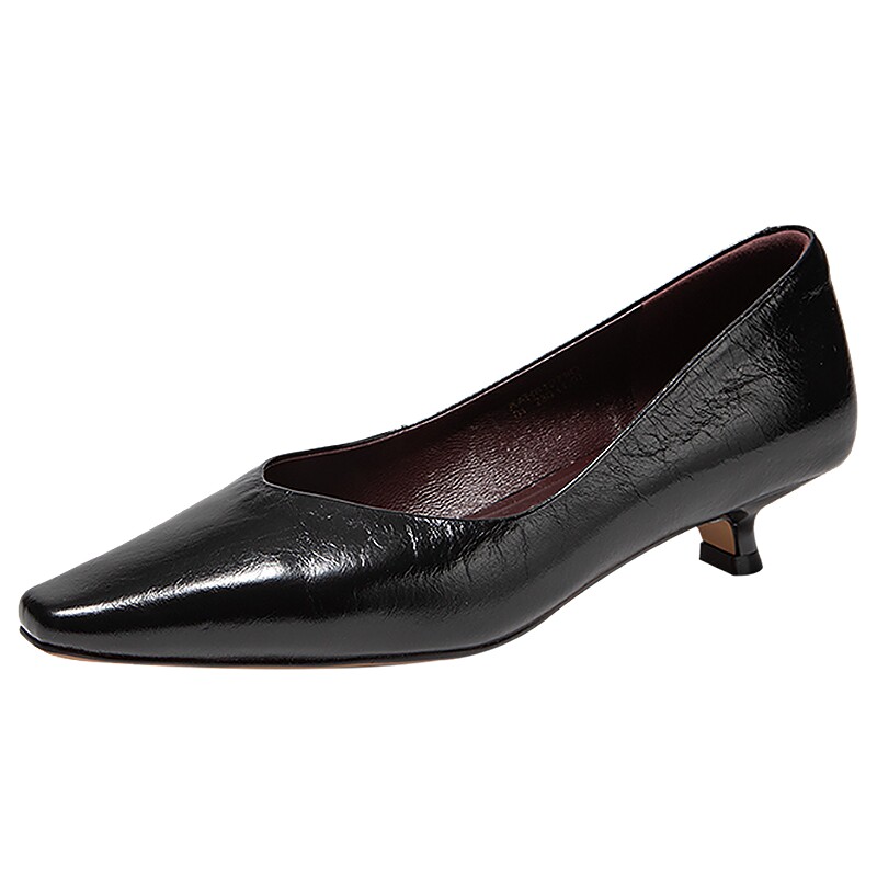 千百度羊皮中跟鞋女2026春季新款方头裸色通勤小猫跟晚晚浅口单鞋