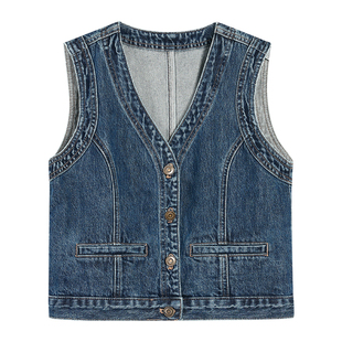 pusumede高街时髦感 复古牛仔马甲背心女v领短款叠穿马夹开衫上衣