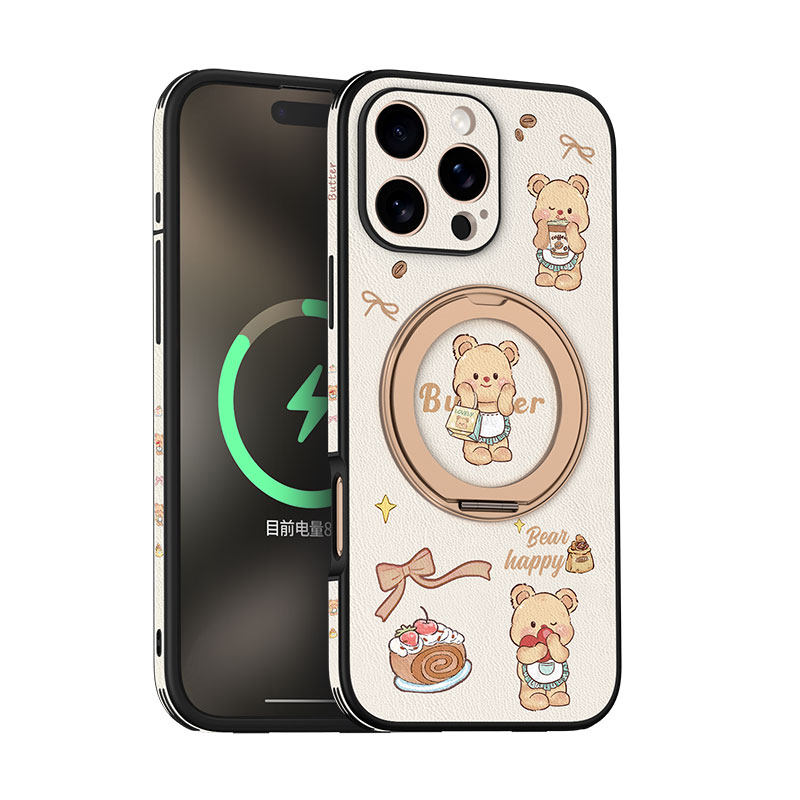 黄油小熊适用苹果15promax手机壳旋转支架iPhone17新款16磁吸14pro带挂绳小羊皮2025女plus高级感