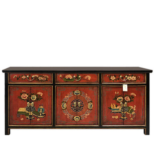 明清仿古玄关柜中式原创彩绘六门大容量鞋柜做旧复古客厅餐边酒柜