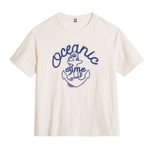 马登美式复古海军刺绣T恤白色重磅竹节棉螺纹领口短袖女夏季上衣