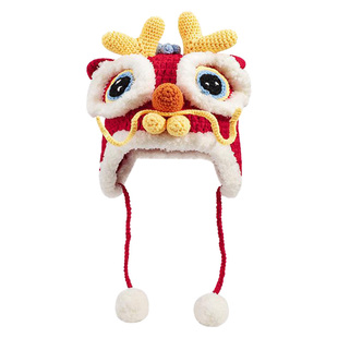 手工龙头虎头帽婴儿百天帽子秋冬季红色儿童毛线帽过年国风醒狮帽