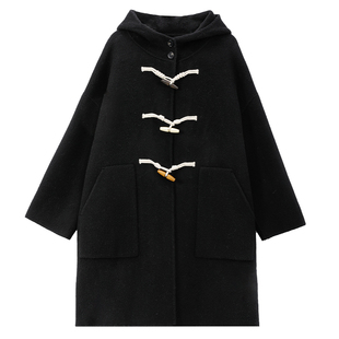 达佳诗黑色牛角扣羊毛大衣女款2026新款连帽毛呢外套学院风双面呢
