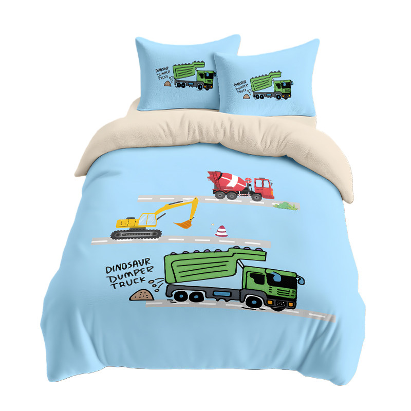 工程机械卡通冬季牛奶绒四件套