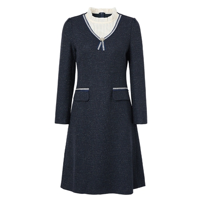 马天奴藏青色花边领收腰连衣裙