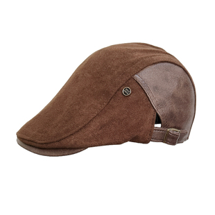 新款韩版皮质拼麂皮绒短檐前进帽女春秋季金属小标时尚百搭贝雷帽