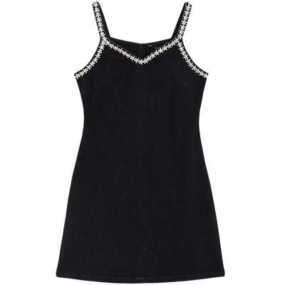 bebe2025秋季新款女士黑色A字修身镶仿钻气质吊带连衣裙350001