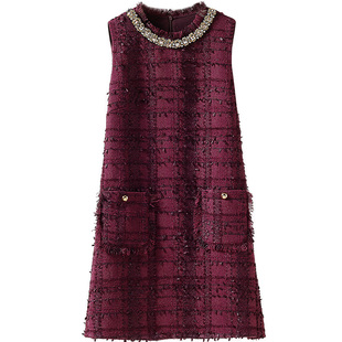 小香风毛呢背心裙 口袋钉珠粗花呢A字显瘦连衣裙2025冬季新款女装