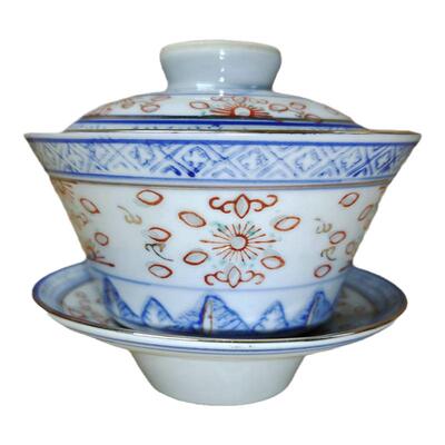 老厂瓷光明青花玲珑品茗三才碗