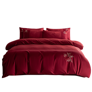 红豆100S高级感提花结婚四件套大红色婚庆床单被套罩喜被婚床婚嫁