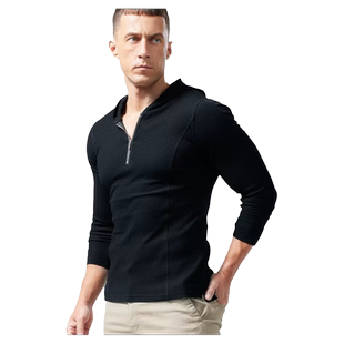 连帽t恤男长袖螺纹棉弹力修身紧身半拉链薄款外穿卫衣春秋季帽衫