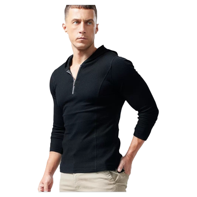 连帽长袖螺纹纯棉修身长袖半拉链
