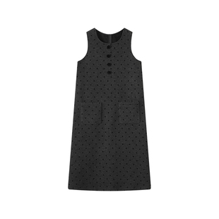 吴童童加绒加厚黑色波点背带裙女秋冬新款韩系气质宽松长款连衣裙