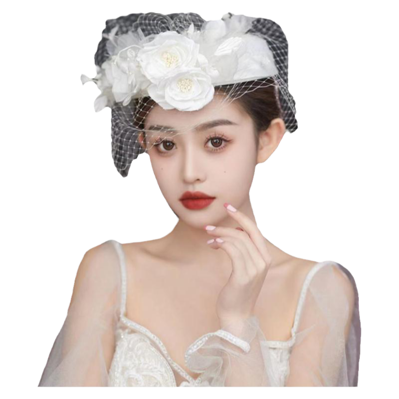 法式复古超仙白色花朵网纱礼帽新娘高级婚纱礼服旗袍百搭帽子头饰