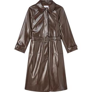 LK BENNETT棕色皮衣外套2025冬新款翻领复古PU光泽感腰带长款大衣