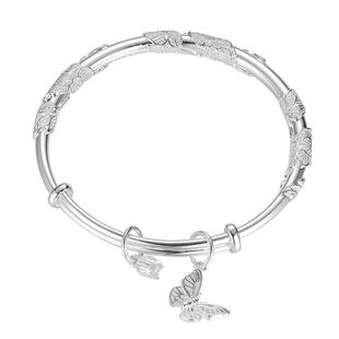 九乐足银手镯女铃兰花推拉纯银手镯繁花蝴蝶国风足银镯子送女友礼