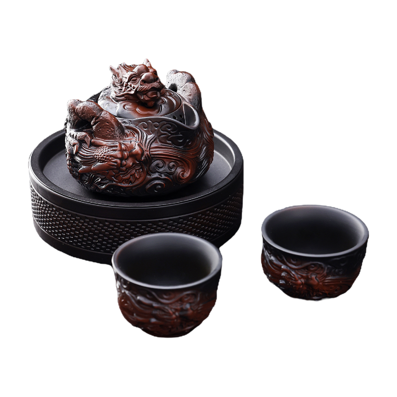 建水紫陶茶壶手工堆飞龙手抓壶