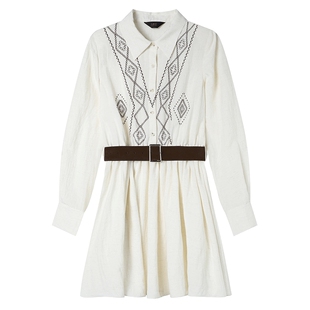 白鹿语法式轻熟风刺绣翻领连衣裙26春夏新款文艺风收腰长袖衬衫裙