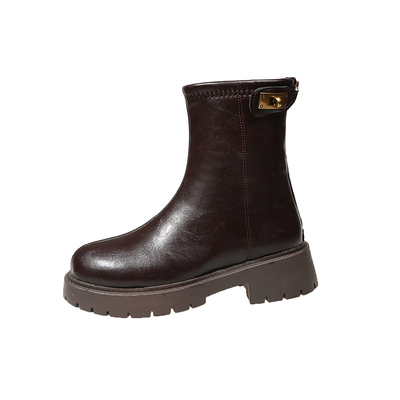 加绒加厚黑色工作短靴皮鞋显瘦