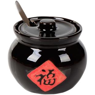 复古陶瓷调味罐家用调味盒盐罐厨房单个带盖福字辣椒油罐瓦罐汤罐
