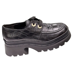 露娜女鞋鳄鱼纹厚英伦底圆头乐福鞋增高系带厚底德比鞋女SL122072