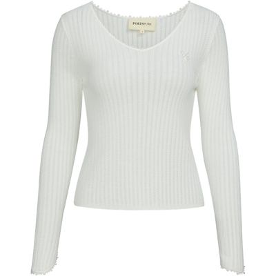 宝姿PORTSPURE女装2026早春新品领边珠饰V领短款套头毛衫