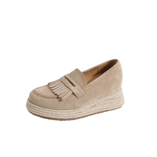 真皮版~内增高流苏乐福鞋女2025新款草编老钱风渔夫厚底加绒单鞋