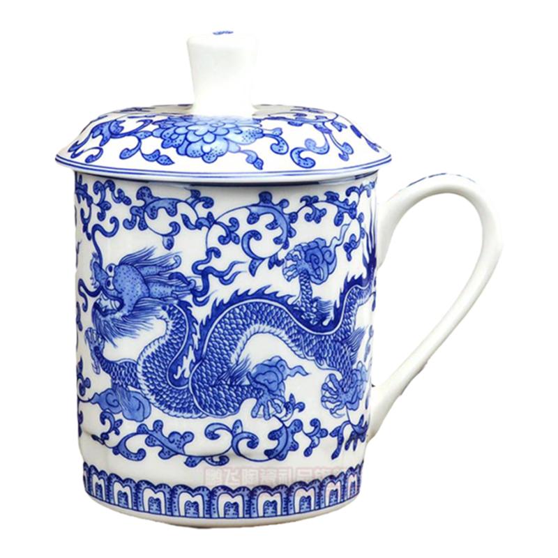 景德镇青花陶瓷泡茶杯带盖骨瓷水杯青花瓷器会议礼品办公杯子青龙