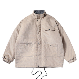 韩版复古夹棉外套灯芯绒加厚冬季翻领工装棉衣纯色男女情侣夹克潮