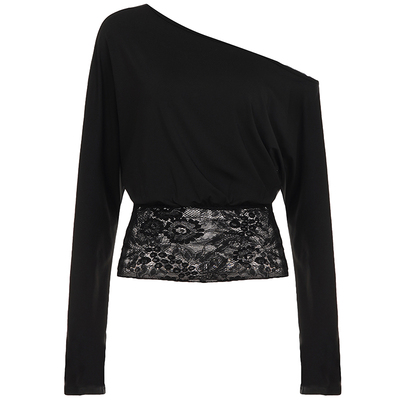 设计感蕾丝拼接斜肩长袖T恤