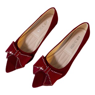 2025年春秋新款平跟女单鞋尖头孕妇平底鞋子女红色新娘结婚鞋舒适