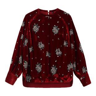 新中式轻国风花朵刺绣钉珠长袖圆领衬衫设计桑蚕丝气质上衣 MZ005