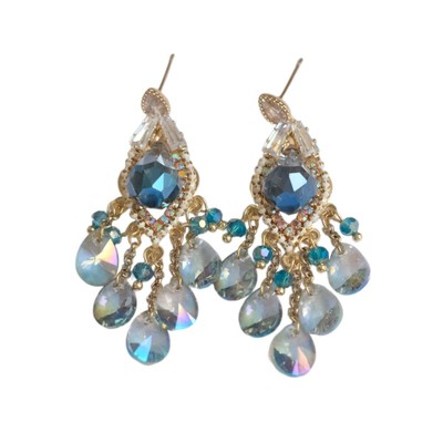 波西米亚蓝色水晶长款流苏耳环