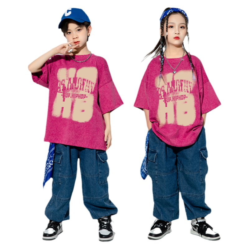 六一兒童街舞潮服酷帥男童水洗做舊短袖hiphop潮裝爵士舞服裝女童