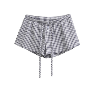 美式宽松松紧腰抽绳格子低腰短裤女夏季新款百搭显瘦居家休闲热裤