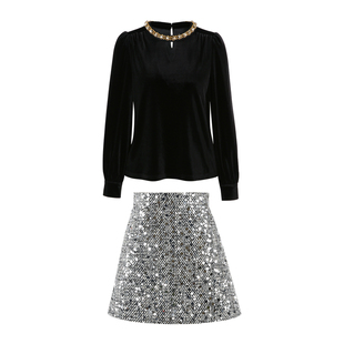 韩语琳 法式轻熟黑色丝绒上衣女2025春季轻奢亮片短裙两件套
