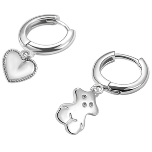 999纯银小熊爱心耳圈耳钉女小众设计感耳扣不对称甜美耳环耳饰品