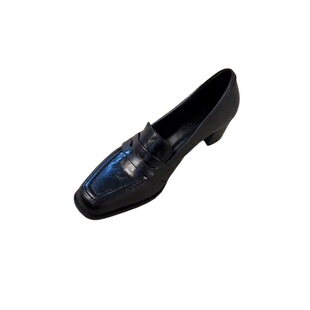 牛皮版~英伦风方头粗跟乐福鞋女2026黑色高跟小皮鞋百搭气质单鞋