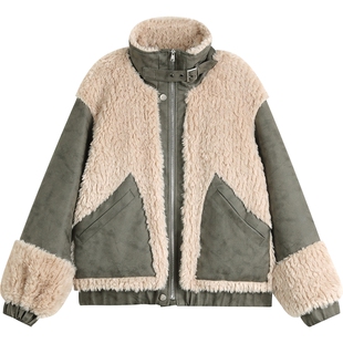 妖精的口袋毛绒拼接磨砂PU皮短款外套女2026年冬季新款皮毛一体