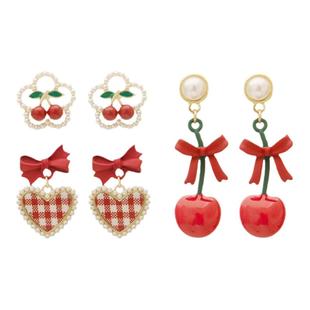 IPINK显气色的红色~可爱樱桃花朵红色格子耳环耳钉无耳洞耳夹设计