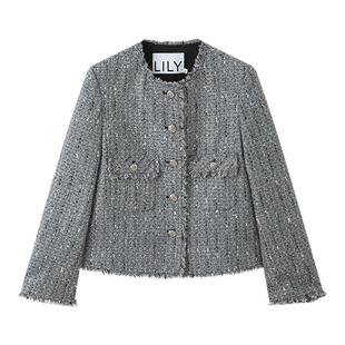 LILY2025冬新款含羊毛格雷系小香风粗花呢气质通勤灰色外套女短款