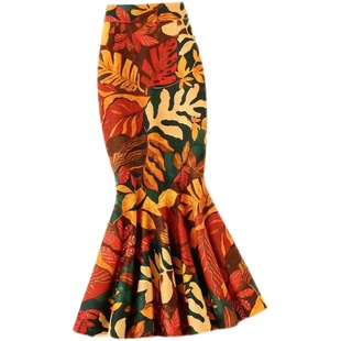 红色枫叶花超长鱼尾裙秋冬长裙女鹿皮绒加厚冬裙到脚踝一步半身裙