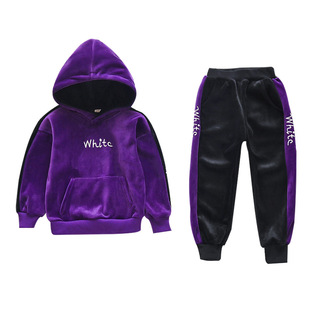 女童金丝绒套装秋冬季中童女孩连帽加绒红色运动服双面绒卫衣两件
