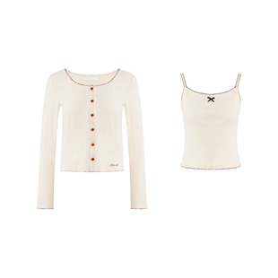 Kroche 浪漫秋日 全棉撞色刺绣花边 圆领针织开衫+背心套装