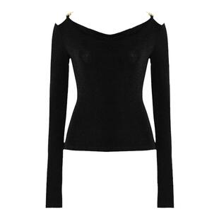 DPLAY秋季纯欲风上衣简约时尚V领爱心搭扣修身显瘦女款路肩打底衫