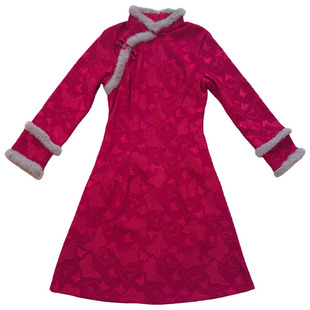 新中式红色长袖旗袍女加绒保暖复古风小个子过冬连衣裙