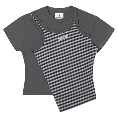 CalledBack假两件条纹短袖T恤女