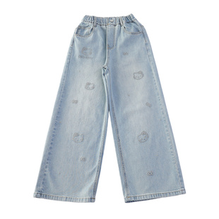 女童裤子2026新款春秋季凯蒂猫烫钻刺绣阔腿裤中大儿童洋气牛仔裤